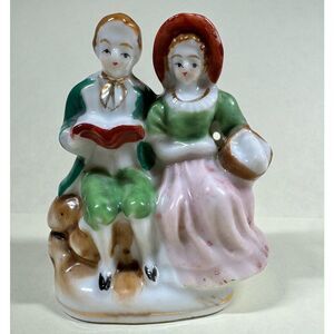 Vintage Porcelain Colonial Couple Figurine Book Basket Made In Occupied Japan